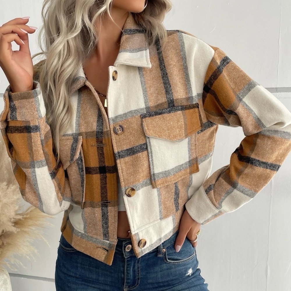 SHEIN Cropped Plaid Shacket Orange Cream Button Down Jacket Fall Large Women’s
